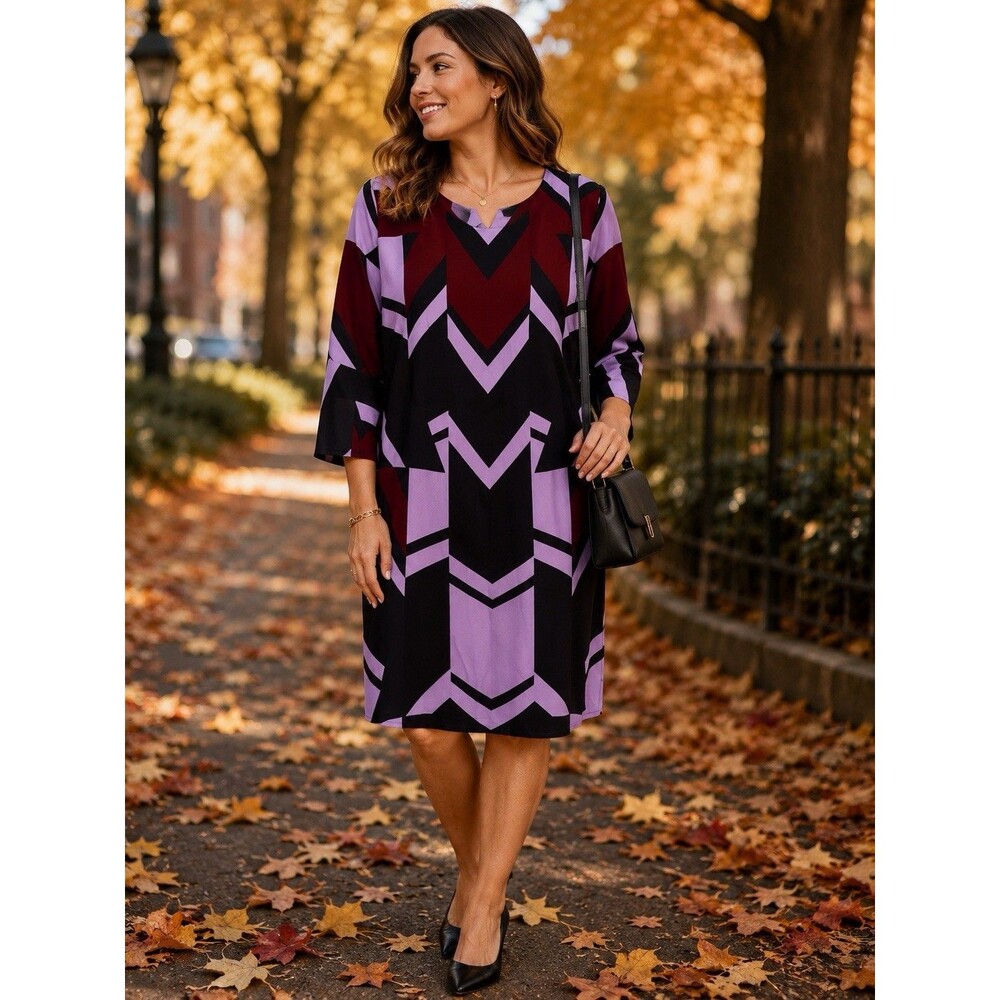 Eloquii Size 14 Geometric Shift Dress Purple Burgundy Black Beltless Midi Dress
